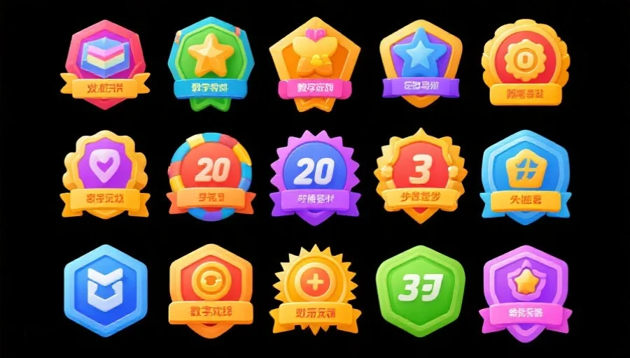 一组色彩鲜明的数字游戏成就徽章，排列整齐，象征玩家获得的荣誉和进步
